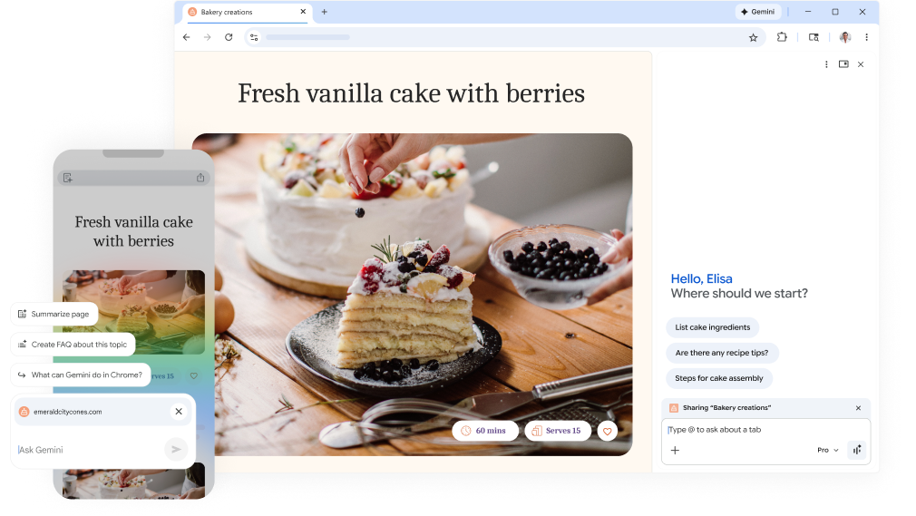 A pop-up over a cake recipe webpage asks how Gemini in Chrome can help. The feature is on both desktop and mobile.