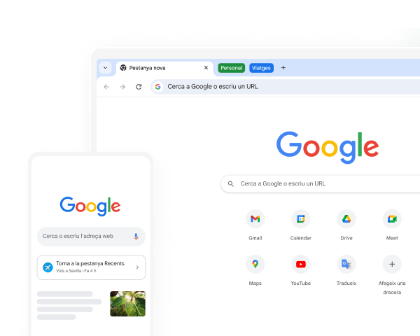 Tant en un dispositiu mòbil com en un ordinador es mostra la pàgina d'inici de Google a Chrome.