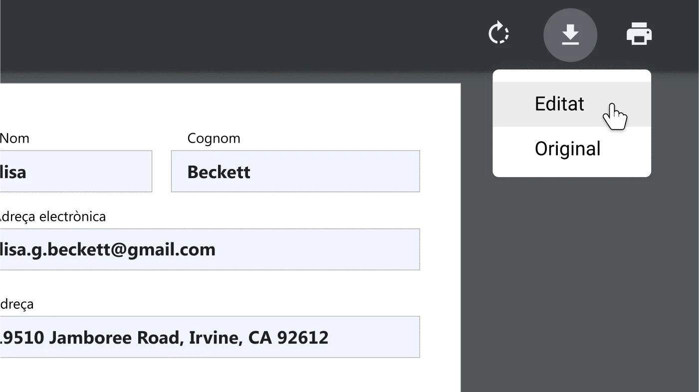 Finestra del navegador Chrome amb un document PDF obert, amb la part del menú d'opcions Baixa i imprimeix ampliada.