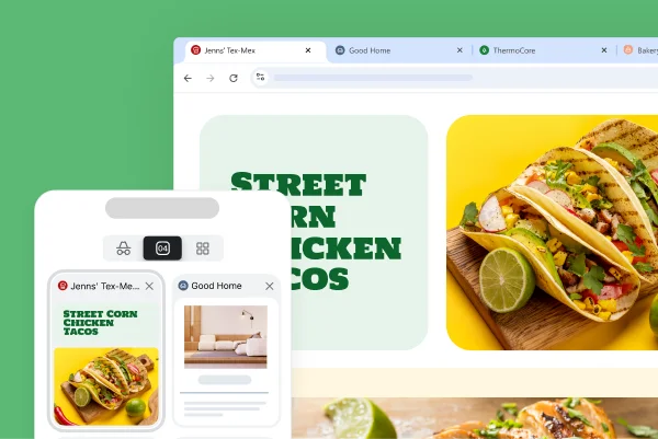 Dieselbe Rezept-Website auf verschiedenen Geräten – ein Tab lässt sich überall finden, wo du in Chrome angemeldet bist.