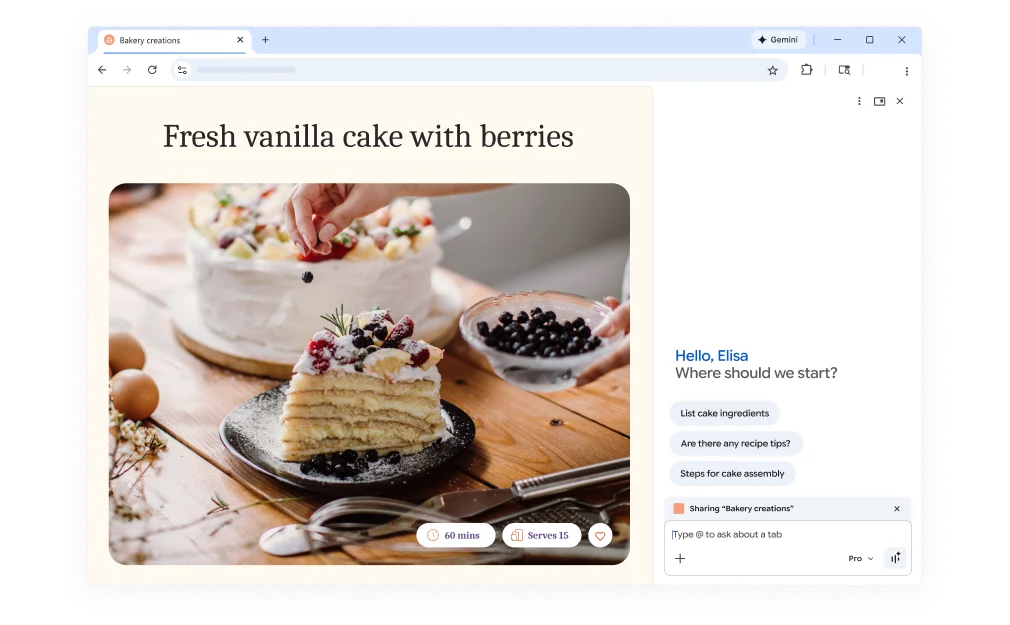 A pop-up over a cake recipe webpage asks how Gemini in Chrome can help. The feature is on both desktop and mobile.