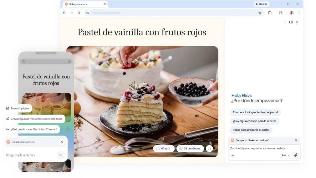 Sobre la página web de una receta de pastel, se muestra una ventana emergente en la que se pregunta cómo puede ayudar Gemini en Chrome. La función está activada en el dispositivo móvil y en la computadora de escritorio.