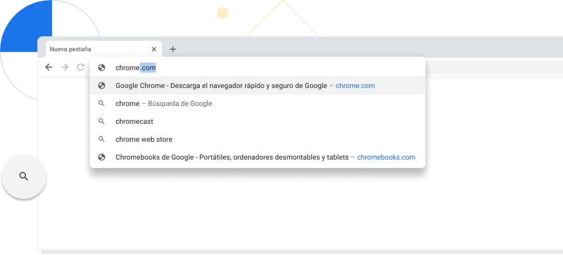 Vista con zoom de una nueva pestaña en la ventana del navegador Chrome donde se ingresó chrome.com en la barra de direcciones.