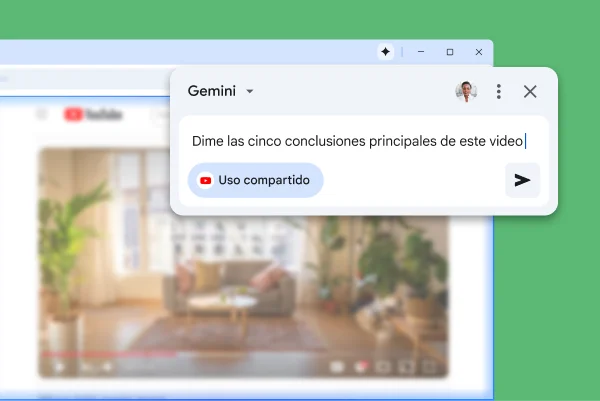 La ventana emergente de Gemini en Chrome está en una página de YouTube. El usuario le pide a Gemini en Chrome las 5 conclusiones principales del video.