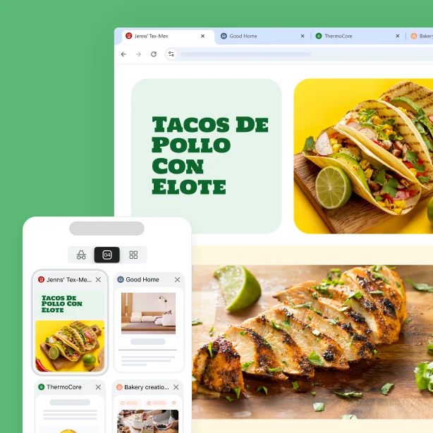 Se muestra el mismo sitio web de recetas en diferentes dispositivos para demostrar cómo encontrar una pestaña en cualquier lugar en el que accedas a Chrome.
