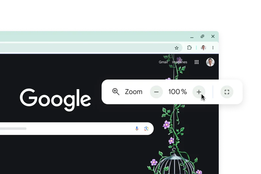 La página principal de Google y una ventana emergente con el zoom configurado al 100%