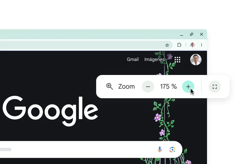 La página principal de Google con elementos agrandados y una ventana emergente con el zoom configurado al 175%