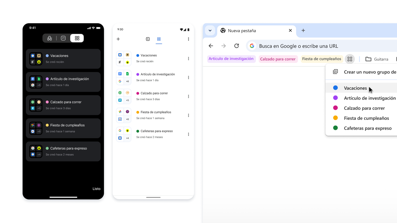 Grupos de pestañas en dispositivos iOS, Android y dispositivos de escritorio