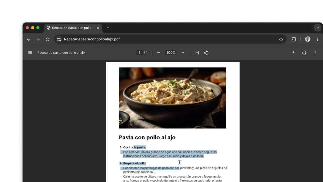 Un PDF con una receta está abierto en una ventana del navegador Chrome. El usuario seleccionó texto en el PDF.