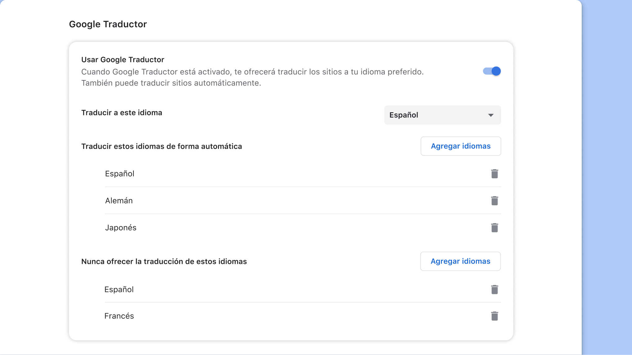 Página de configuración de Google Traductor en Chrome