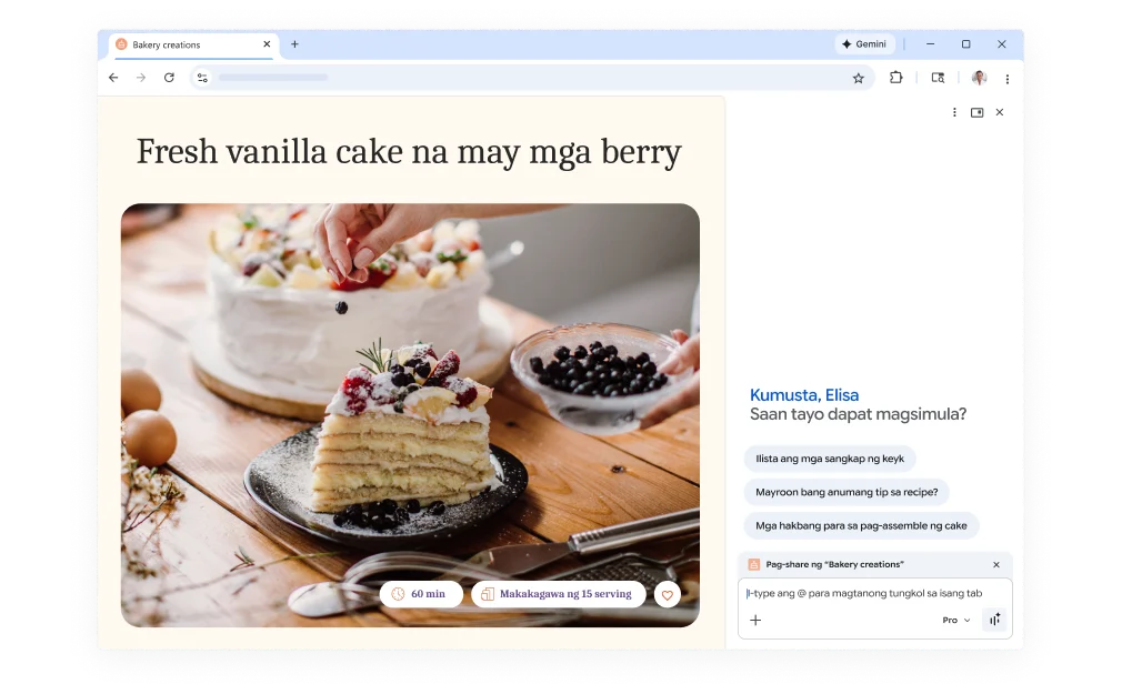 May pop-up sa ibabaw ng webpage ng recipe ng cake na nagtatanong kung paano makakatulong ang Gemini sa Chrome. Nasa desktop at mobile ang feature.