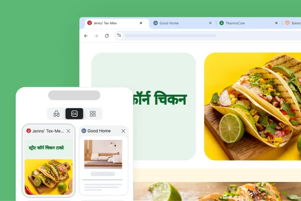 अलग-अलग डिवाइसों पर एक ही रेसिपी वेबसाइट दिखाई जा रही है, ताकि यह दिखाया जा सके कि Chrome में साइन इन करने पर, किसी भी डिवाइस पर कोई टैब कैसे ढूंढा जा सकता है