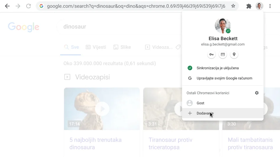 Prozor preglednika Chrome s otvorenim dijaloškim okvirom 