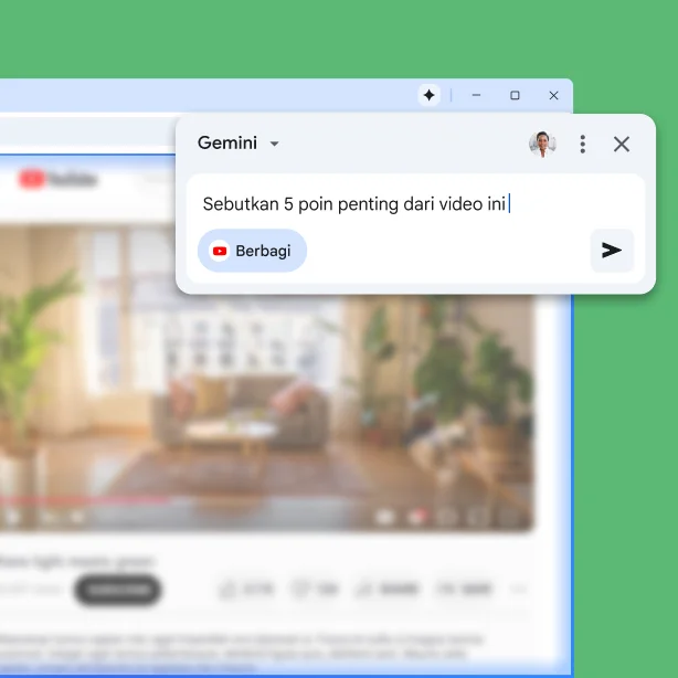 Jendela pop-up Gemini di Chrome terbuka di sebuah halaman video YouTube. Pengguna meminta Gemini di Chrome merangkum 5 poin penting dari video tersebut.