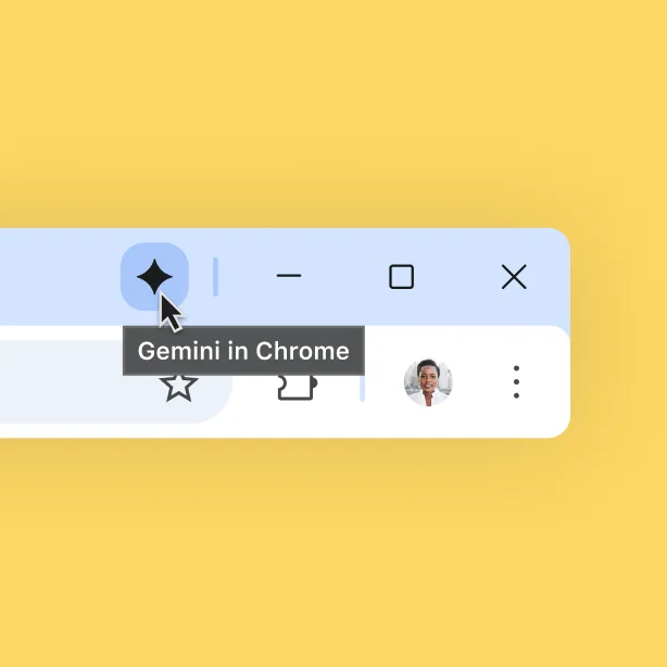 Chrome ブラウザバーの上部にある Gemini アイコンにユーザーがカーソルを合わせて、「Gemini in Chrome」というツールチップが表示されている。