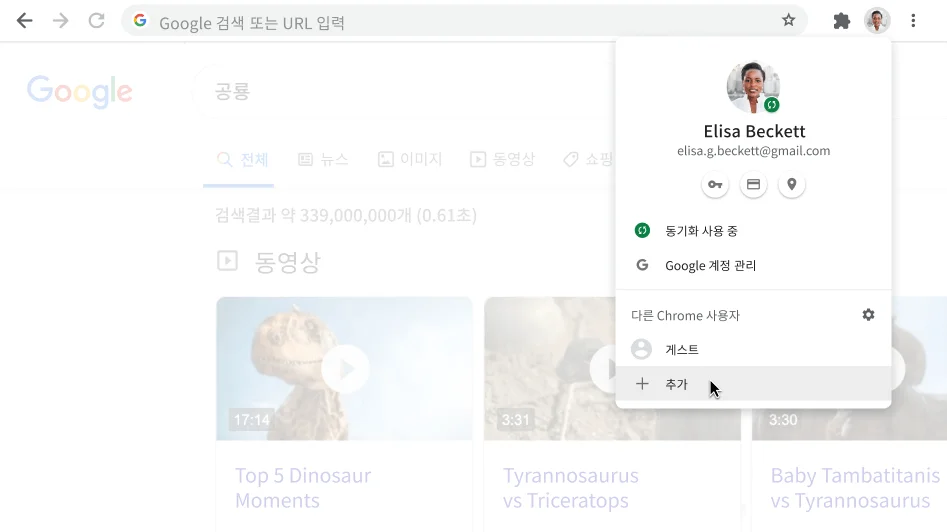 프로필 대화상자가 열려 있는 Chrome 브라우저 창입니다.