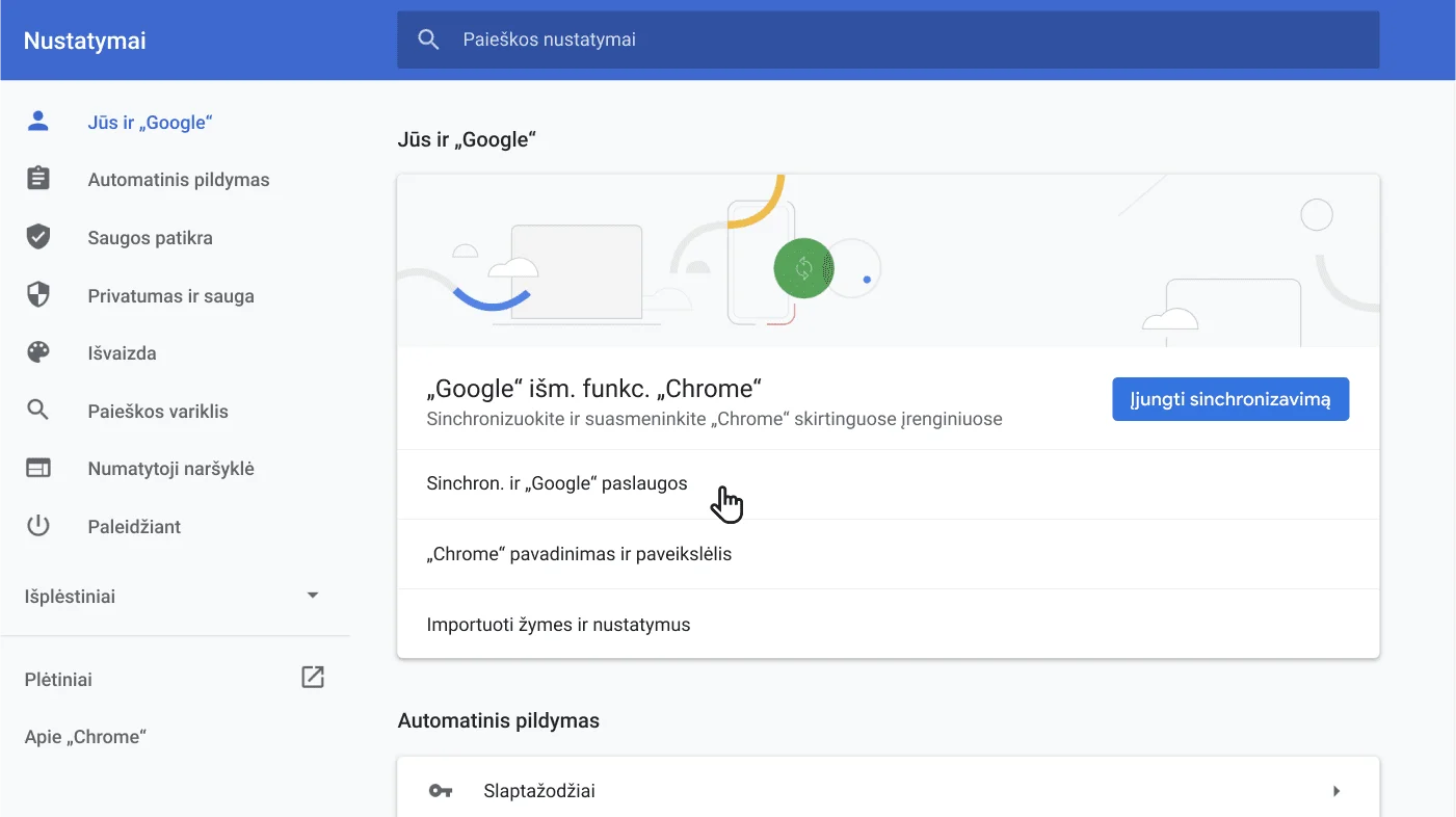 „Chrome“ naršyklės nustatymų langas, kuriame rodomas „Jūsų ir „Google“ parinkčių meniu.