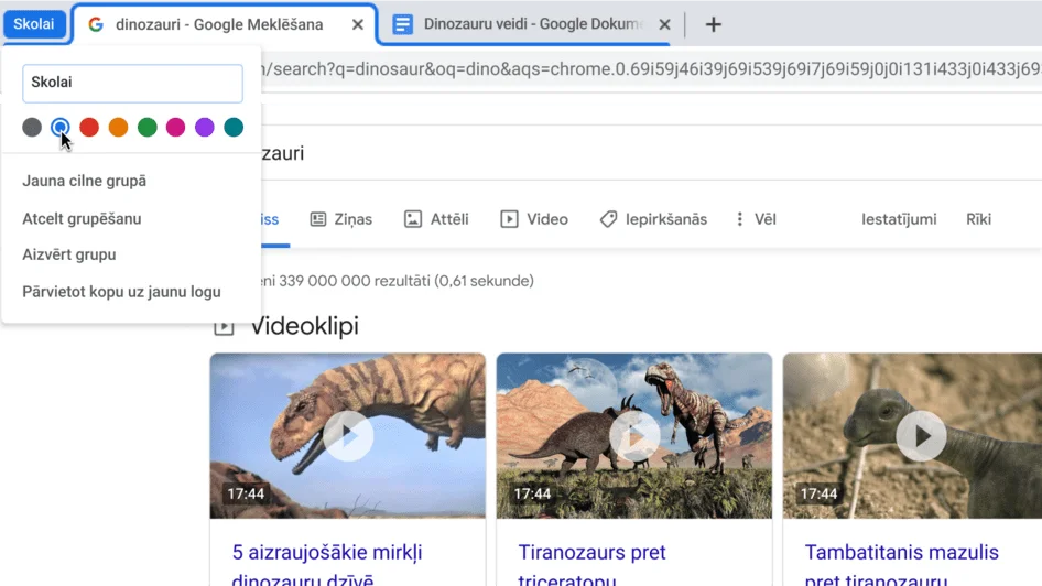 Pārlūka Chrome logs ar dialoglodziņu, kurā tiek rādīta nosaukuma piešķiršana ciļņu grupai.