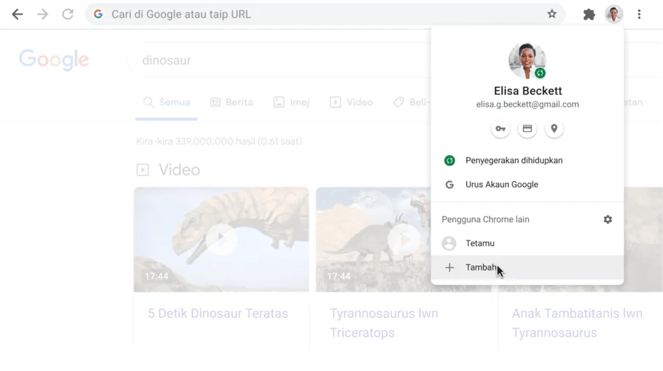 Tetingkap penyemak imbas Chrome dengan kotak dialog Profil yang terbuka.