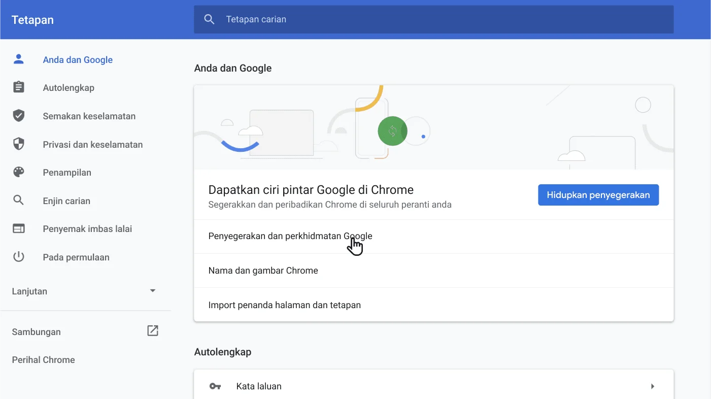 Tetingkap tetapan penyemak imbas Chrome memaparkan menu pilihan Anda dan Google.