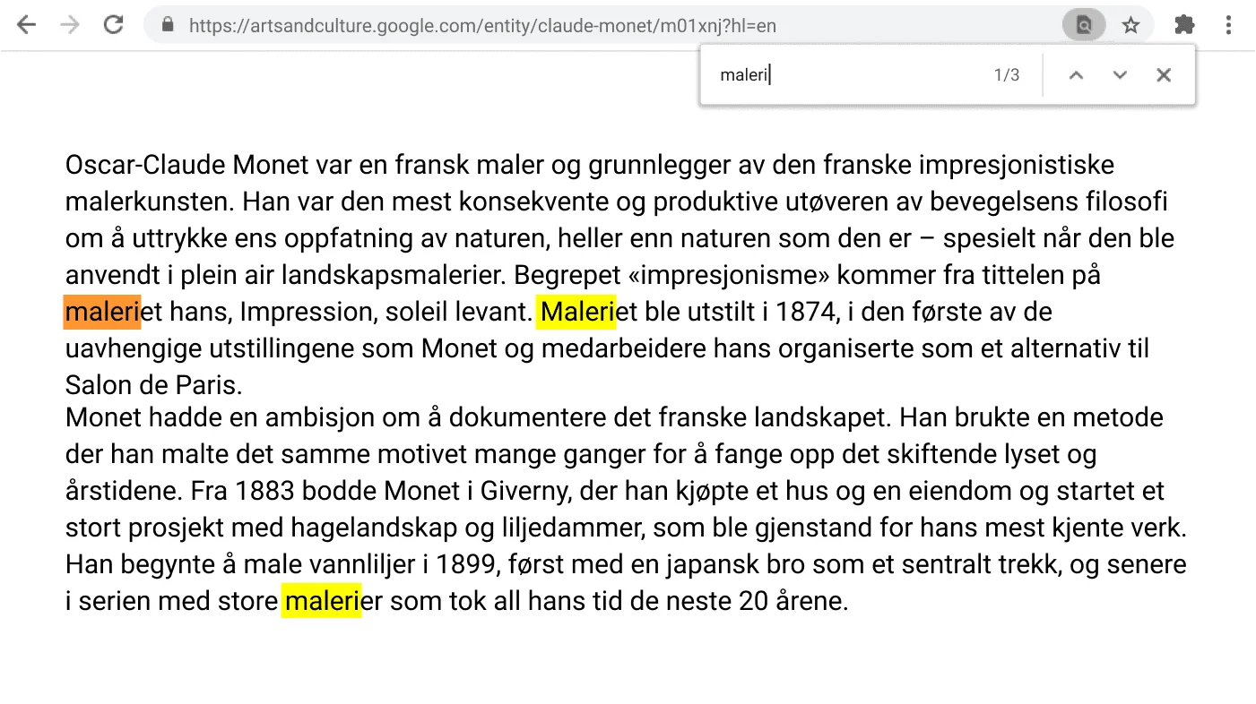 Chrome-nettleservindu der Finn-funksjonen er aktiv på en åpen nettside.