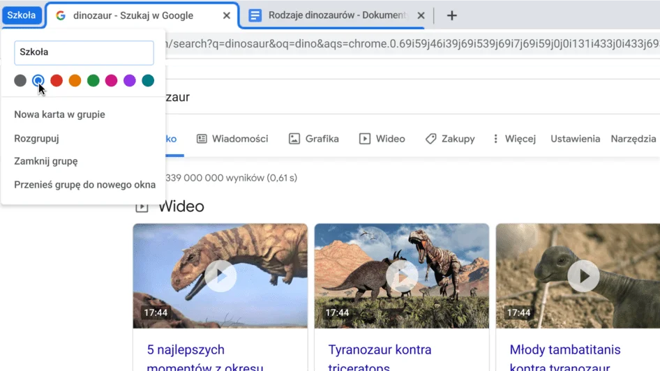 Okno przeglądarki Chrome z oknem dialogowym pokazującym nadawanie nazwy grupie kart
