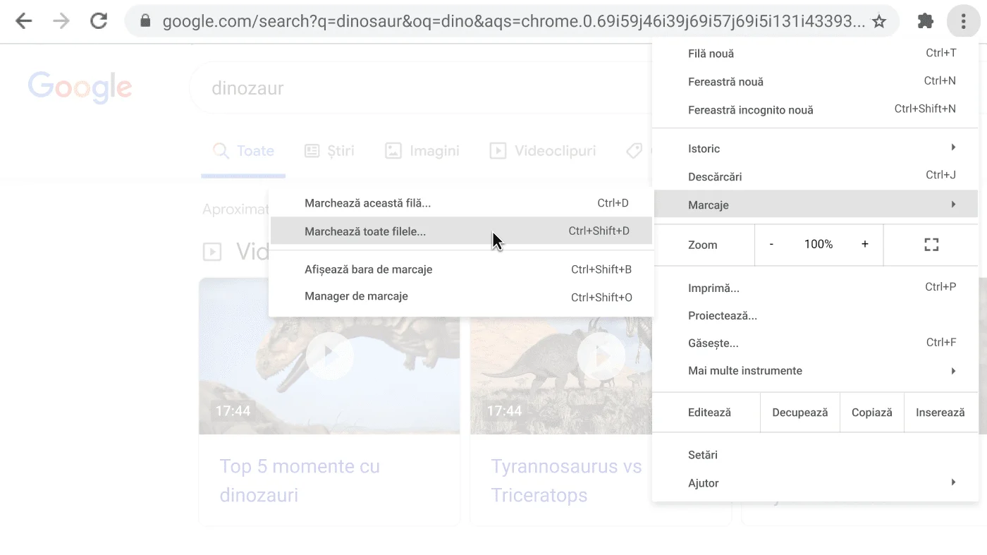 Fereastra browserului Chrome cu o casetă de dialog afișând opțiunea Marchează toate filele.