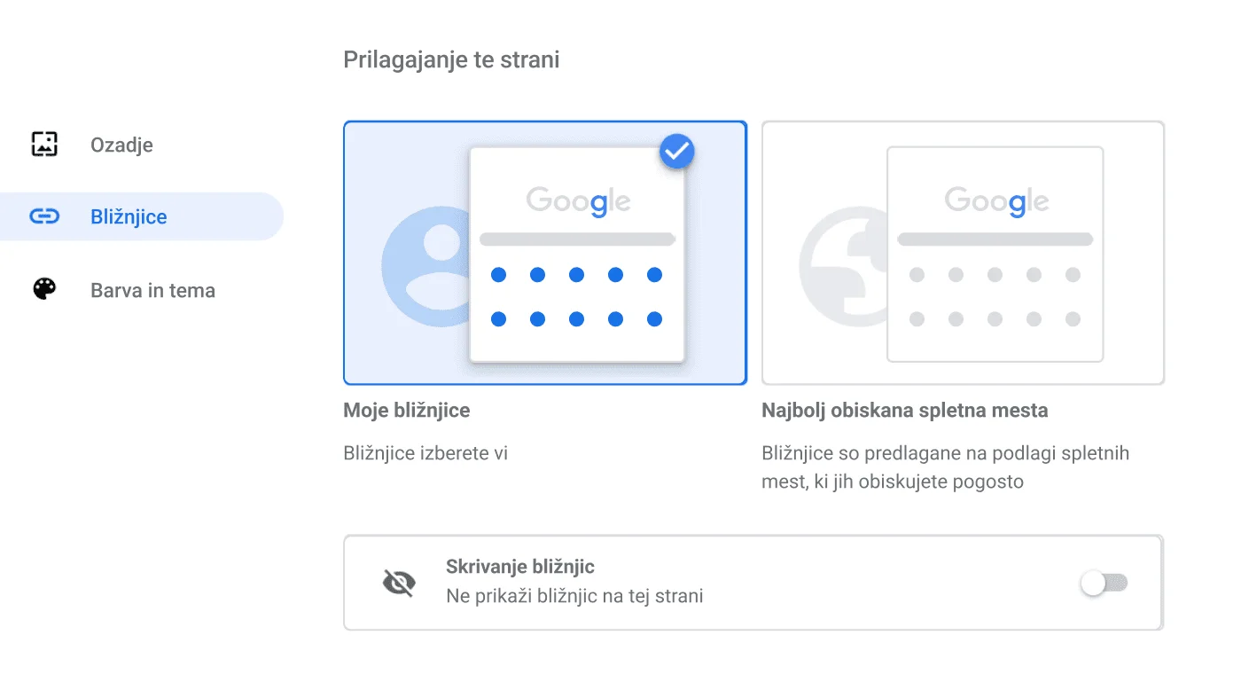 Okno z nastavitvami v brskalniku Chrome, ki prikazuje pogovorno okno z bližnjicami.