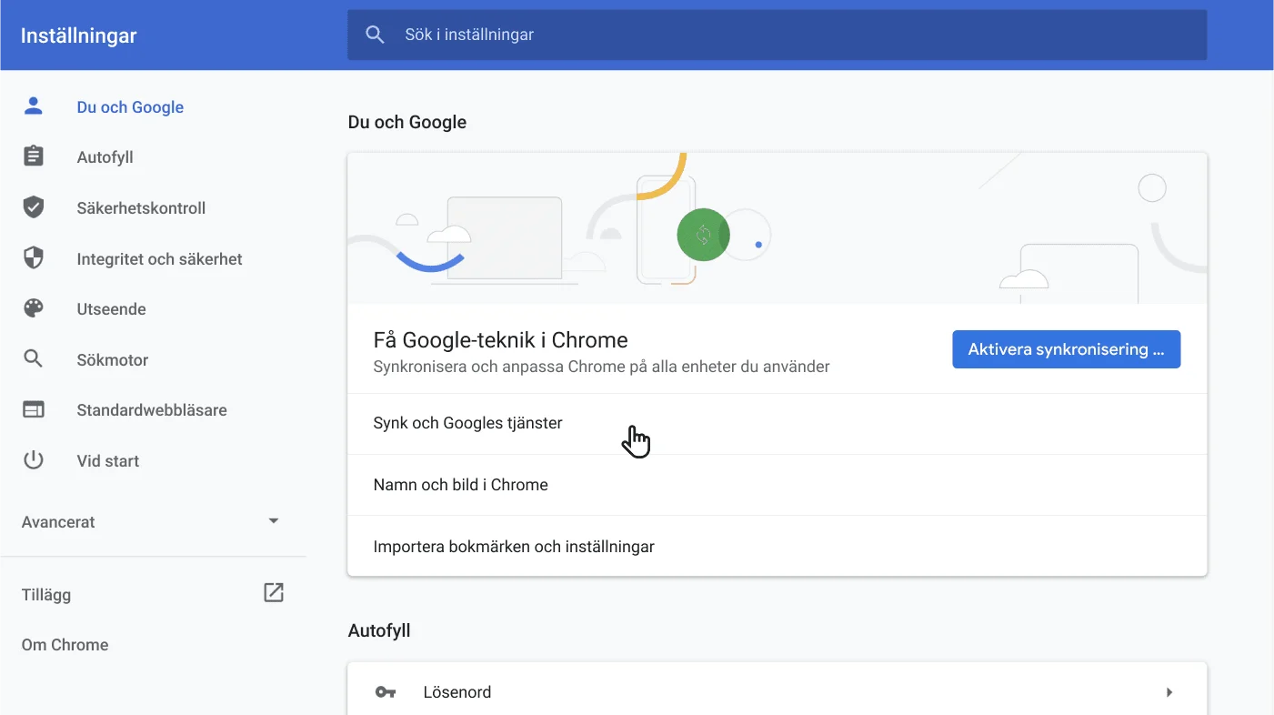 Ett fönster med inställningarna för webbläsaren Chrome som visar alternativmenyn Du och Google.