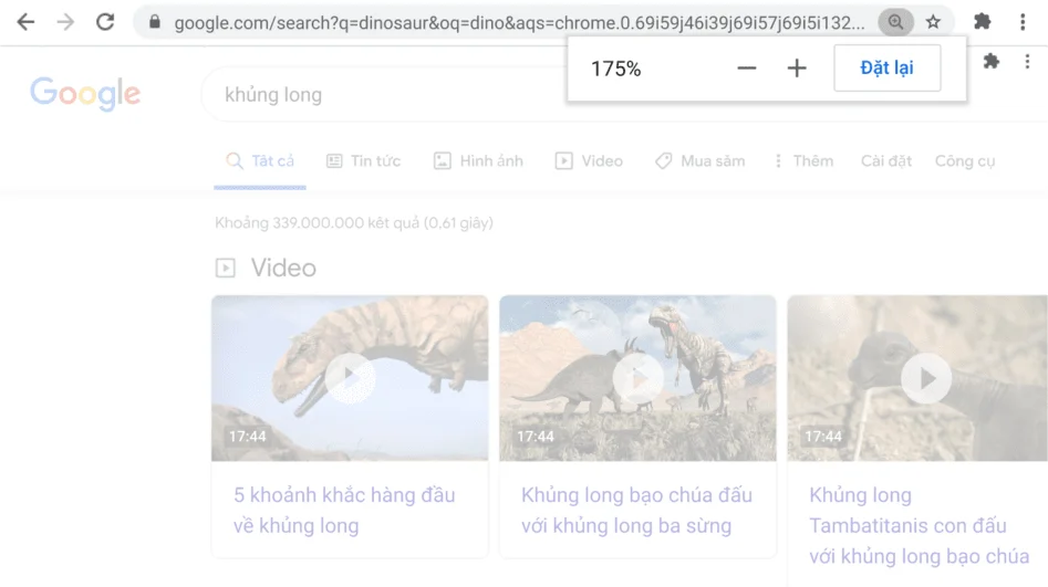 Cửa sổ trình duyệt Chrome mở ra một trang web có chức năng Thu phóng đang hoạt động.