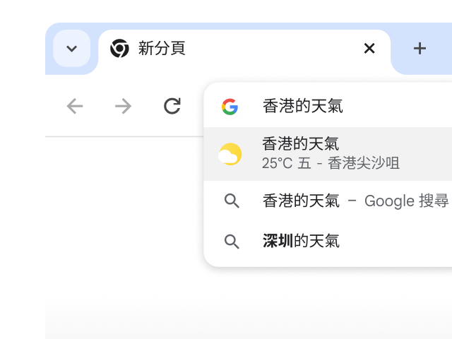 使用者在 Chrome 的網址列輸入「巴黎天氣」，系統已立即產生搜尋結果。