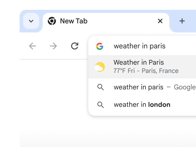 A user typed 'weather in Paris' into Chrome's address bar and it has instantly generated results.